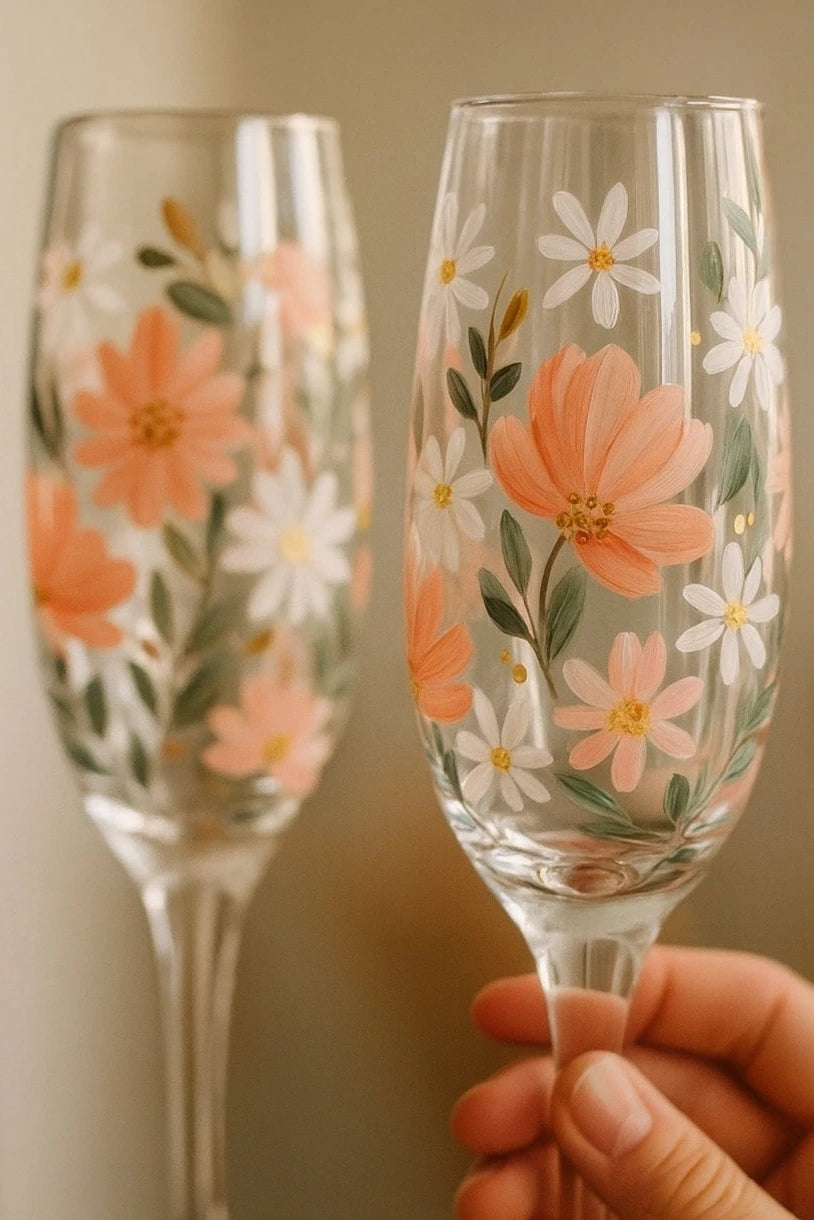 Bemalte Sektglaeser im DIY Kurs mit Blumen