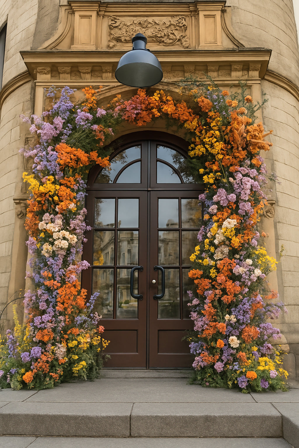 Fassadendekoration mir Blumen als Blumenbogen an Eingangstuer