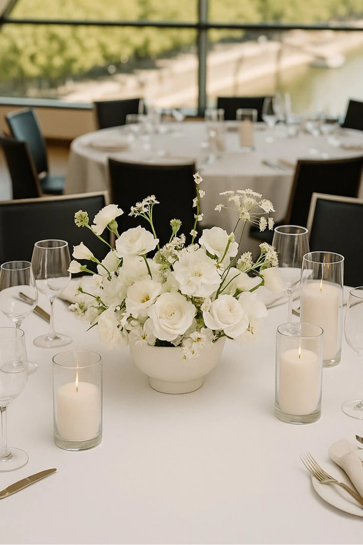 Blumengesteck auf Tisch mit weißen Rosen wie bei Pinterest