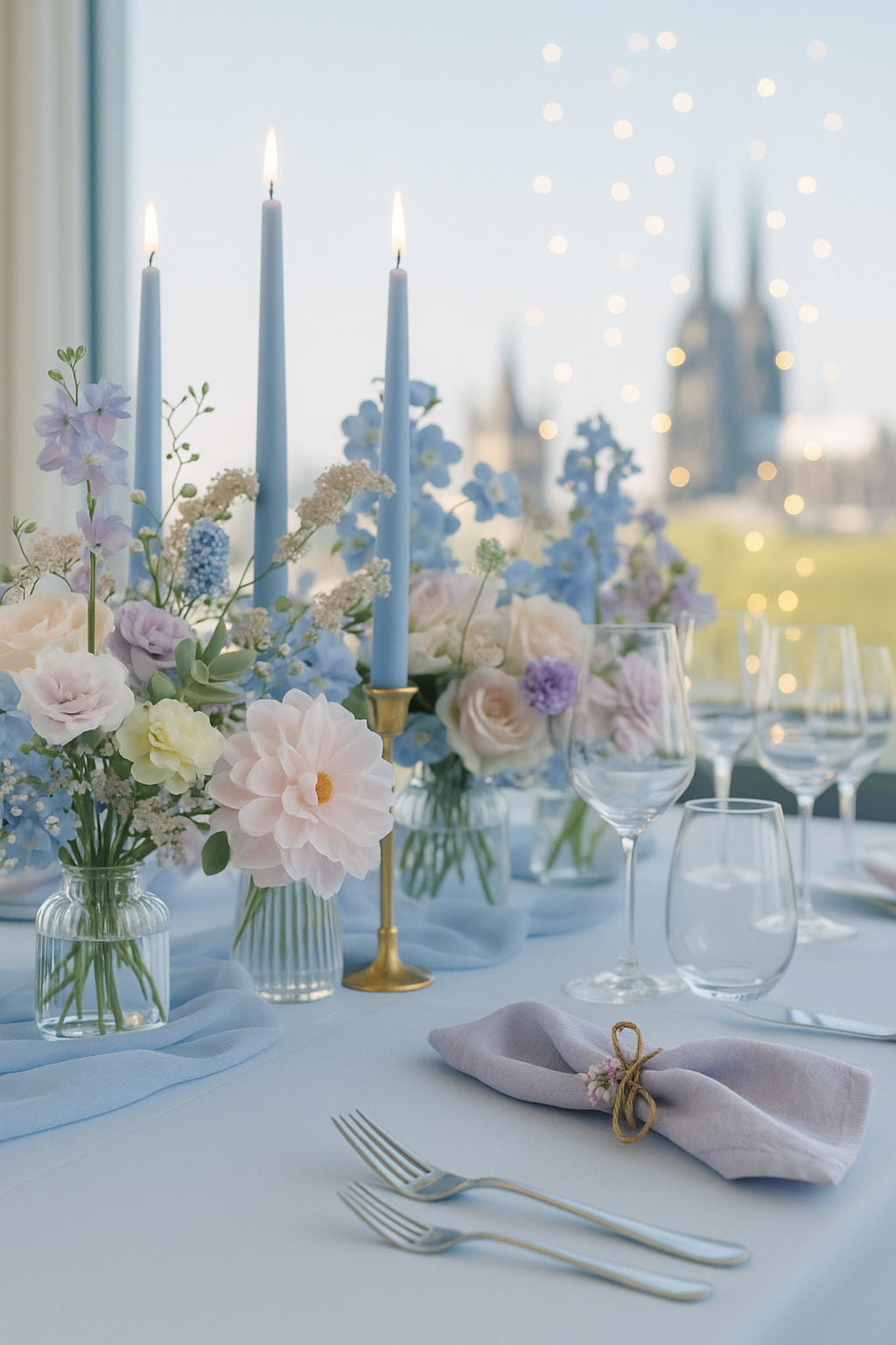 Hochzeitsdeko romantisch pastellfarben mit Kerzenhaltern und Domblick